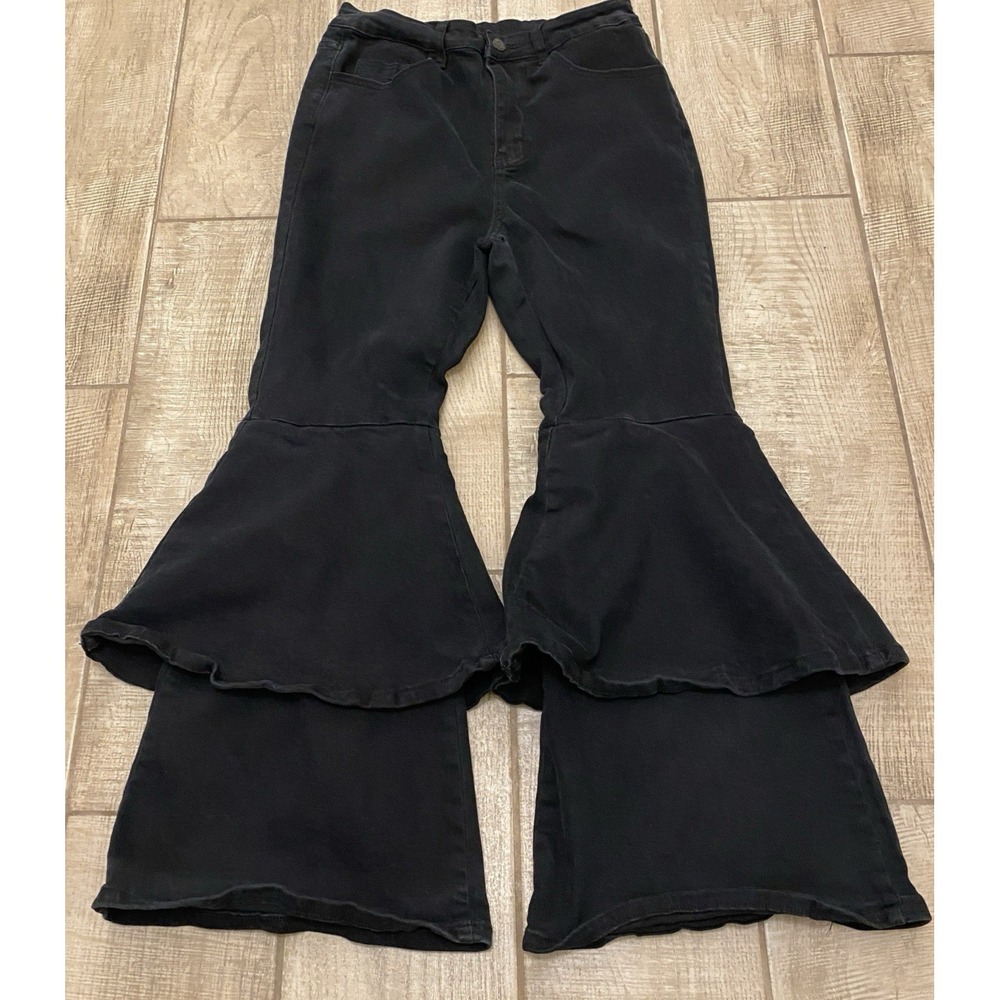 Shein Curve Jeans Women Black Denim 1XL Stretch Tiered Ruffle Flare Bell-bottoms - Picture 3 of 8